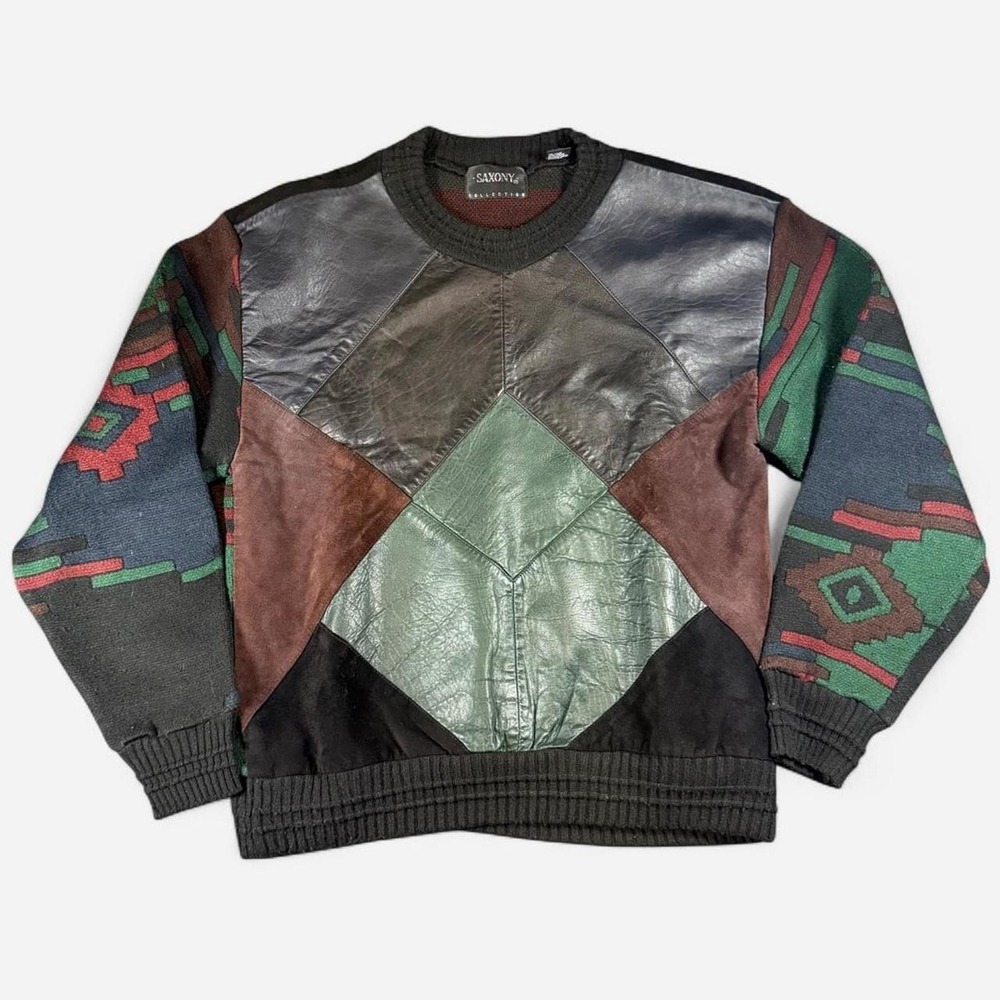Vintage Saxony Collection Leather Patchwork Aztec Hip Hop Sweatshirt Size M